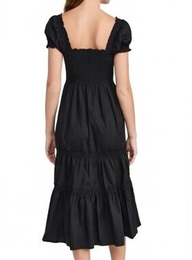 NWT Caara Black Smocked Tiered Midi Dress Puff-Sleeve 100% Cotton SZ SM🖤✨
